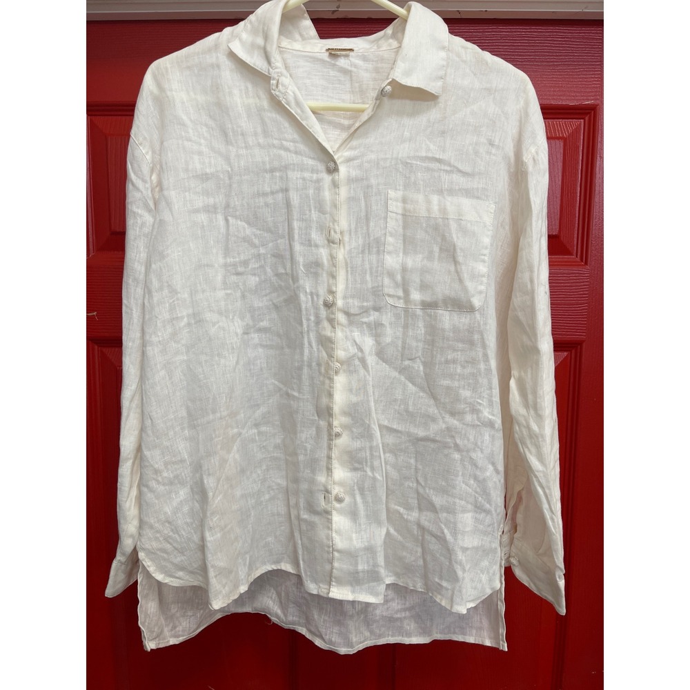 Magaschoni White Linen Button Down Shirt Knotted Buttons Long Sleeve Medium